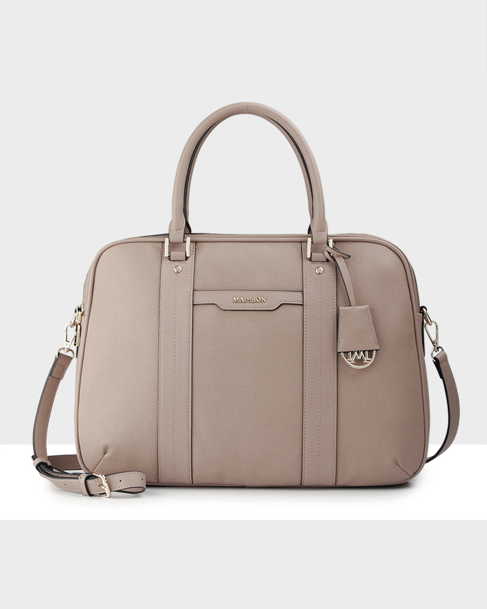 Madison Trudi Double Zip Top Laptop Bag with Crossbody Strap Taupe