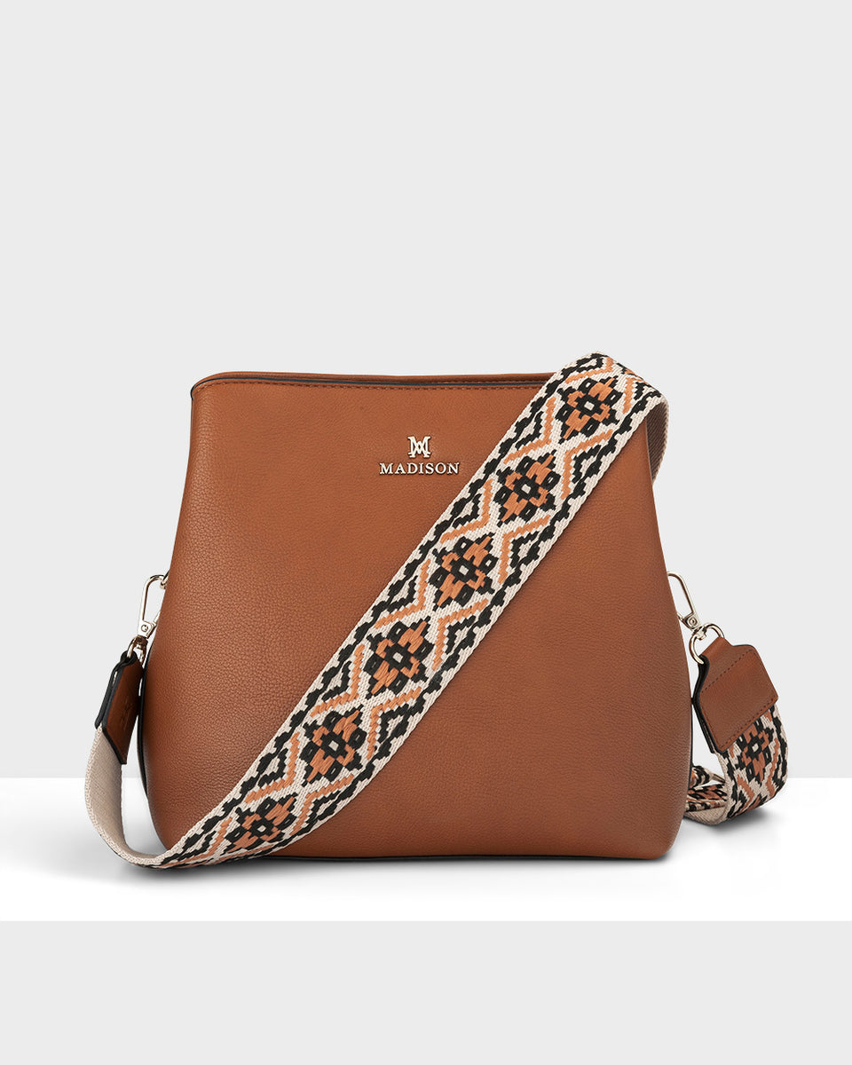 Madison Joanie 3 Compartment Crossbody Bucket Bag + Aztec Bag Strap Lt Tan + Caramel & Black