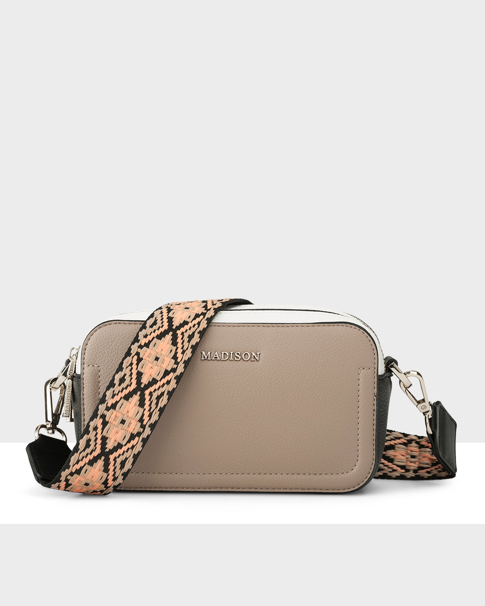 Madison Maddie Double Zip Camera Crossbody Bag + Aztec Bag Strap Taupe + Taupe & Peach & Black