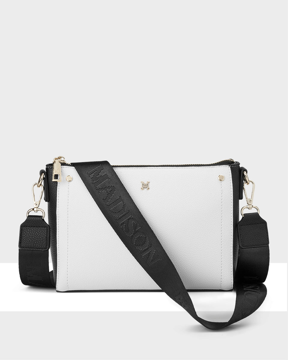 Madison Eden Zip Top Crossbody Bag with Monogram Strap White / Black