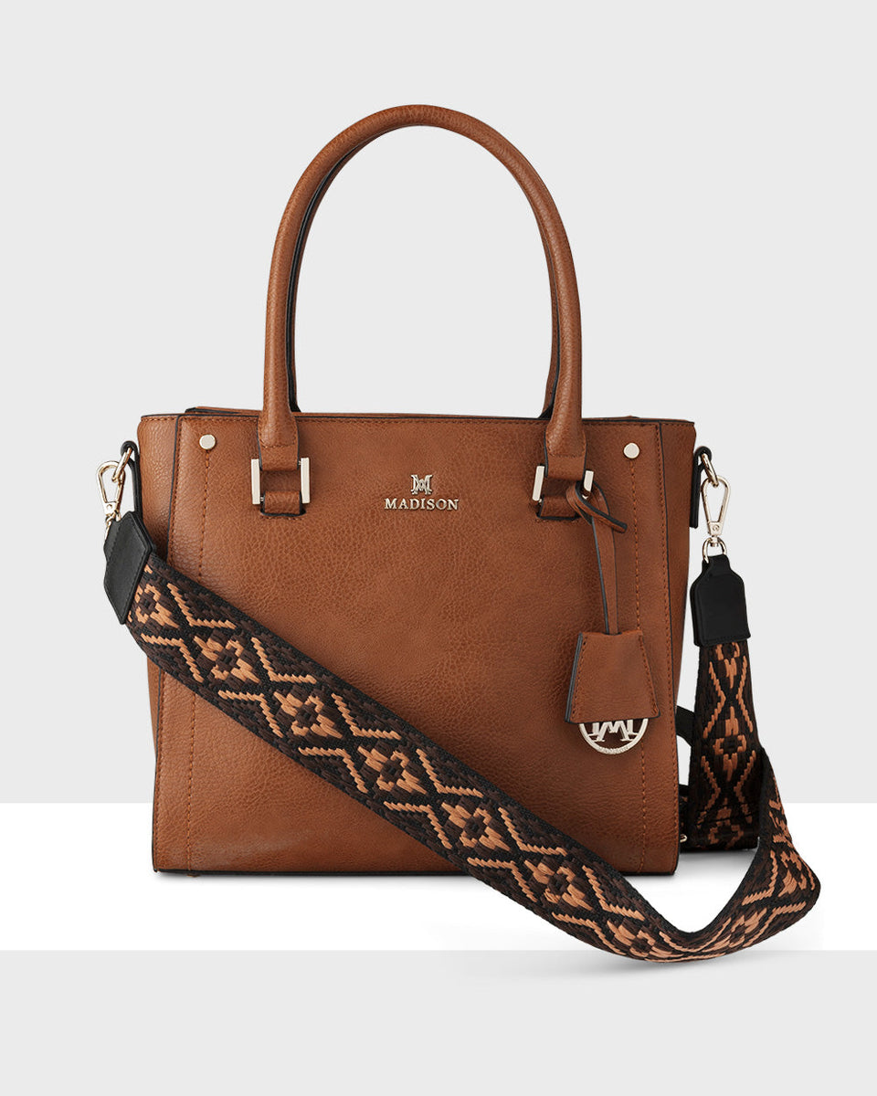 Madison Angie Medium 3 Compartment Satchel Bag + Aztec Bag Strap Dk Tan + Black & Browns