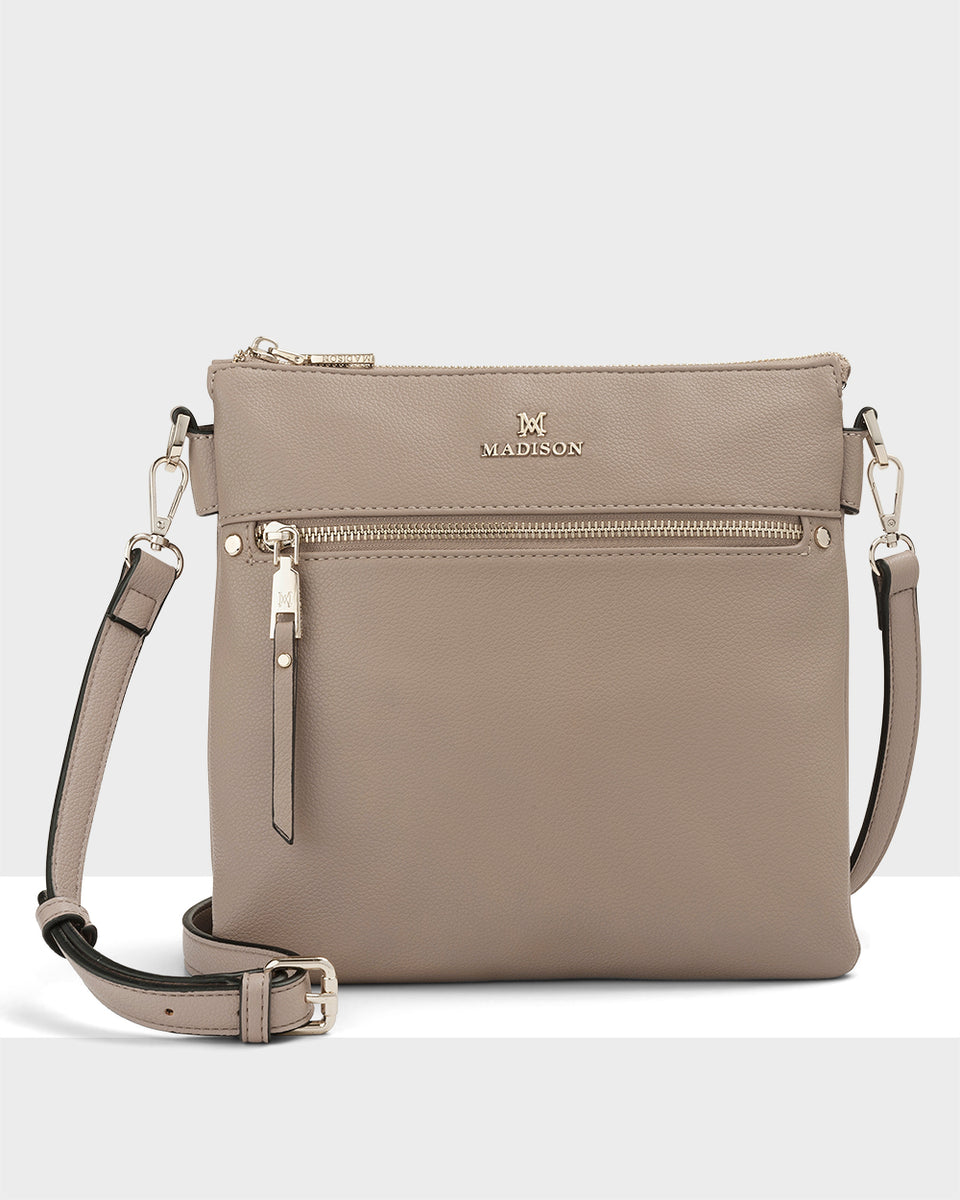 Madison Renee Zip Top 2 Compartment Crossbody Bag - Taupe – Madison ...