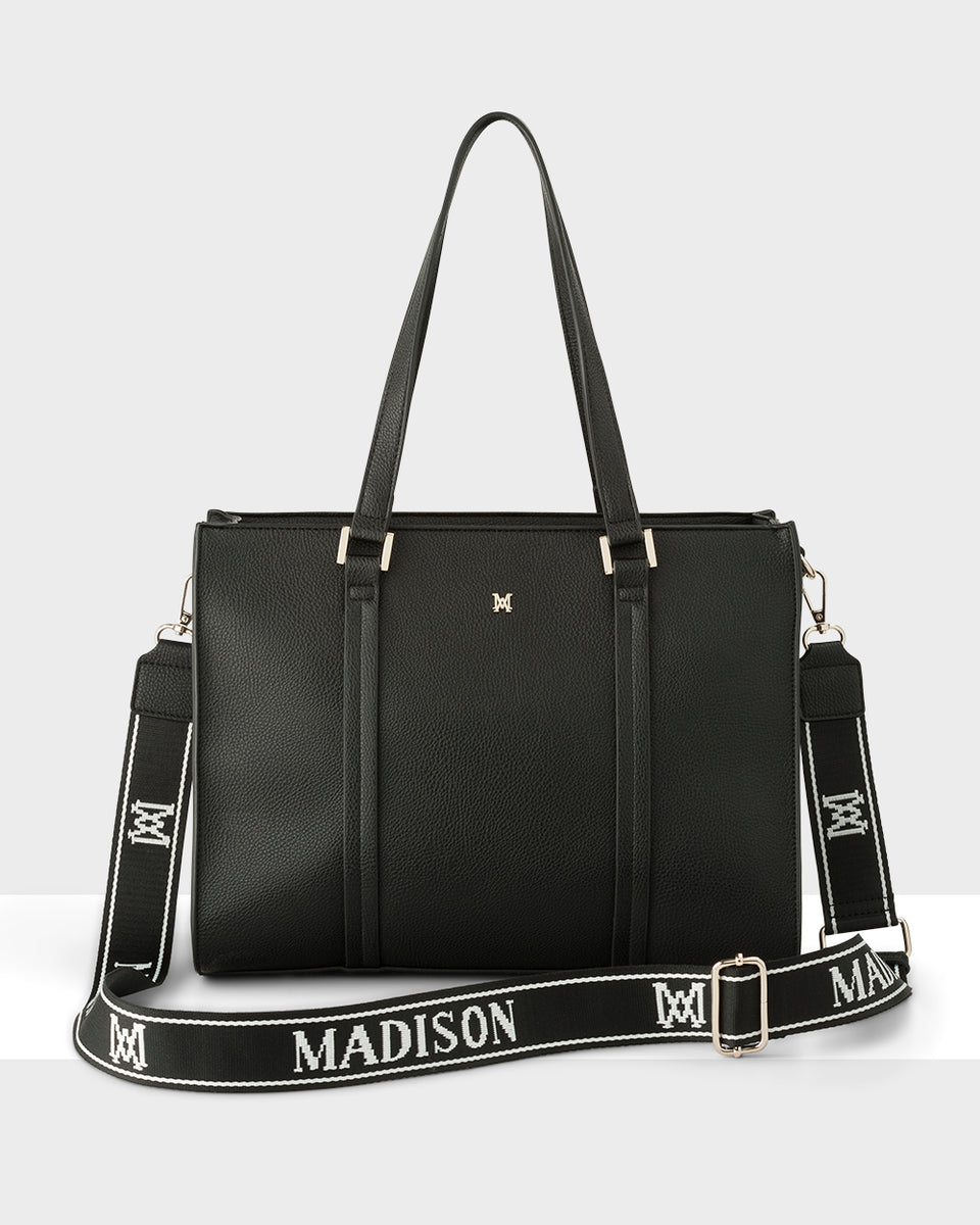 Madison Riley Zip Top Tote + Monogram Stripe Bag Strap - Black + Black ...